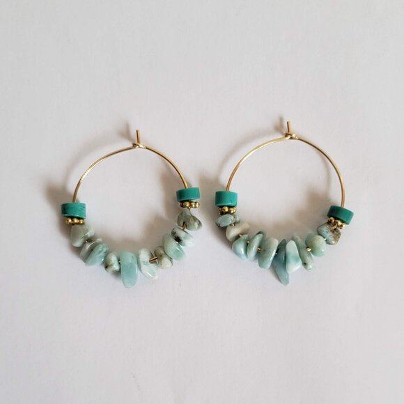 Natural LARIMAR & TURQUOISE 14k Gold Filled Hoop Earring Rustic Raw Artisan made - Picture 3 of 7